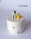 بانکه سرامیکی کوچک دربدار مناسب نگهداری مواد خشک و ادویه با طرح گربه و جوجه